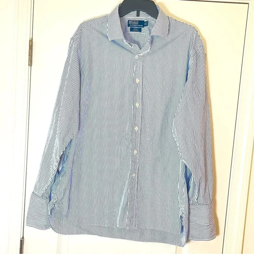 Mens Polo Ralph Lauren Regent Custom Fit Blue White Stripe Poplin Shirt 18-35 - Picture 2 of 5